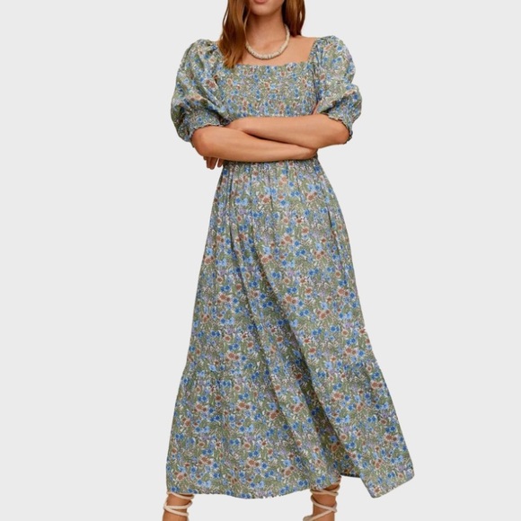 Mango Dresses & Skirts - MANGO shirred top volume sleeve midi floral print